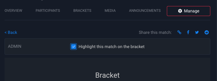Where the option to highlight a match is shown on Battlefy
