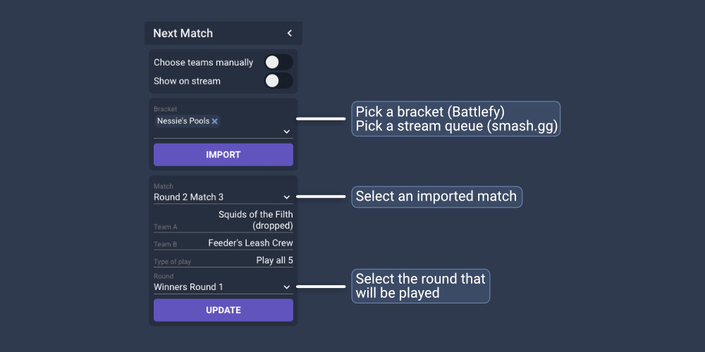 The interface for setting the next match
